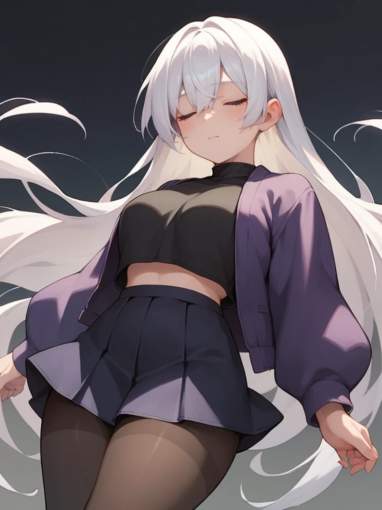 Score_9, score_8_up, score_7_up, source_anime, 1girl, solo, pale, long white hair, blue eyes, cute face, big tits , thick thighs, eyes closed, skirt, tights, black shirt, purple jacket, big tits, long hair, both eyes covered