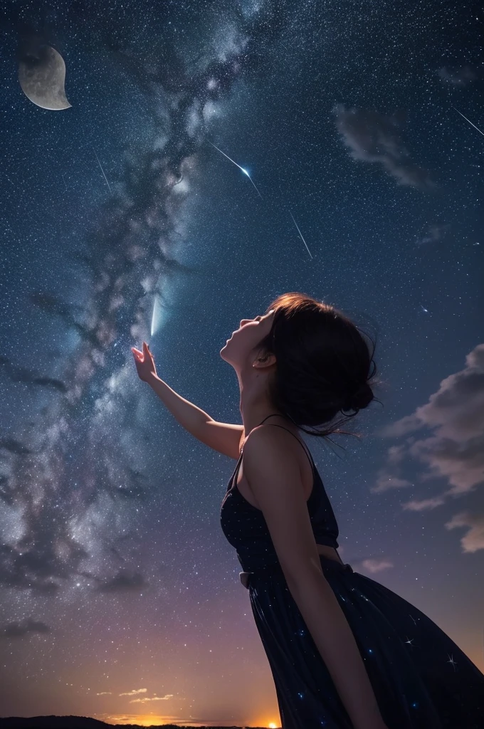 A starry sky,Meteors,8k,Beautiful night sky,Girl looking up at the sky、Super sexy and super cute Japan girl、(((A girl reaching out towards the night sky to grab the moon)))