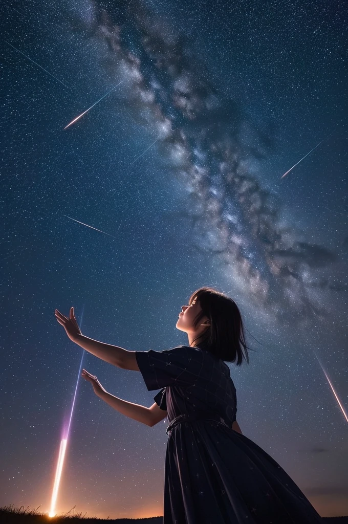 A starry sky,Meteors,8k,Beautiful night sky,Girl looking up at the sky、Super sexy and super cute Japan girl、(((A girl reaching out towards the night sky to grab the moon)))