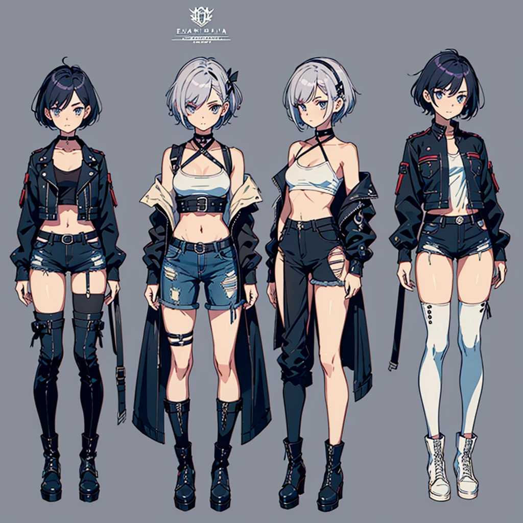 create a character sheet for Eulália Draha, a piscopath with a half-punk, half-cute style, , fair skin, short platinum hair and lilac highlights, blue and gray eyes, short-sleeved shirt with the belly showing dark wine, black jacket black leather jacket, teddy bear hair clip, dark denim shorts with a torn teddy bear hanging on the side of the shorts and medium-high boots, (with emphasis on the teddy bear hanging on the shorts' belt)(anime style)(varied positions)(several positions) (full body)(open arms)(body and face side ways)(body and face from the front)(from the head to the boots)character sheet(full body)body and sideways(body and sideways)caracter sheet(full body)(character sheet)(varied positions)(character sheet)varied positions)(character sheet)(full body)character sheet(character sheet) (varied positions)character sheet(varied positions)full body(full body)(body and face sideways)(sideways full body)character sheet(character sheet)(sideways)sideways(character sheet)character sheet(front and sideway)character sheet(character sheet)(front and sideway)character sheet(character sheet)(several positions)