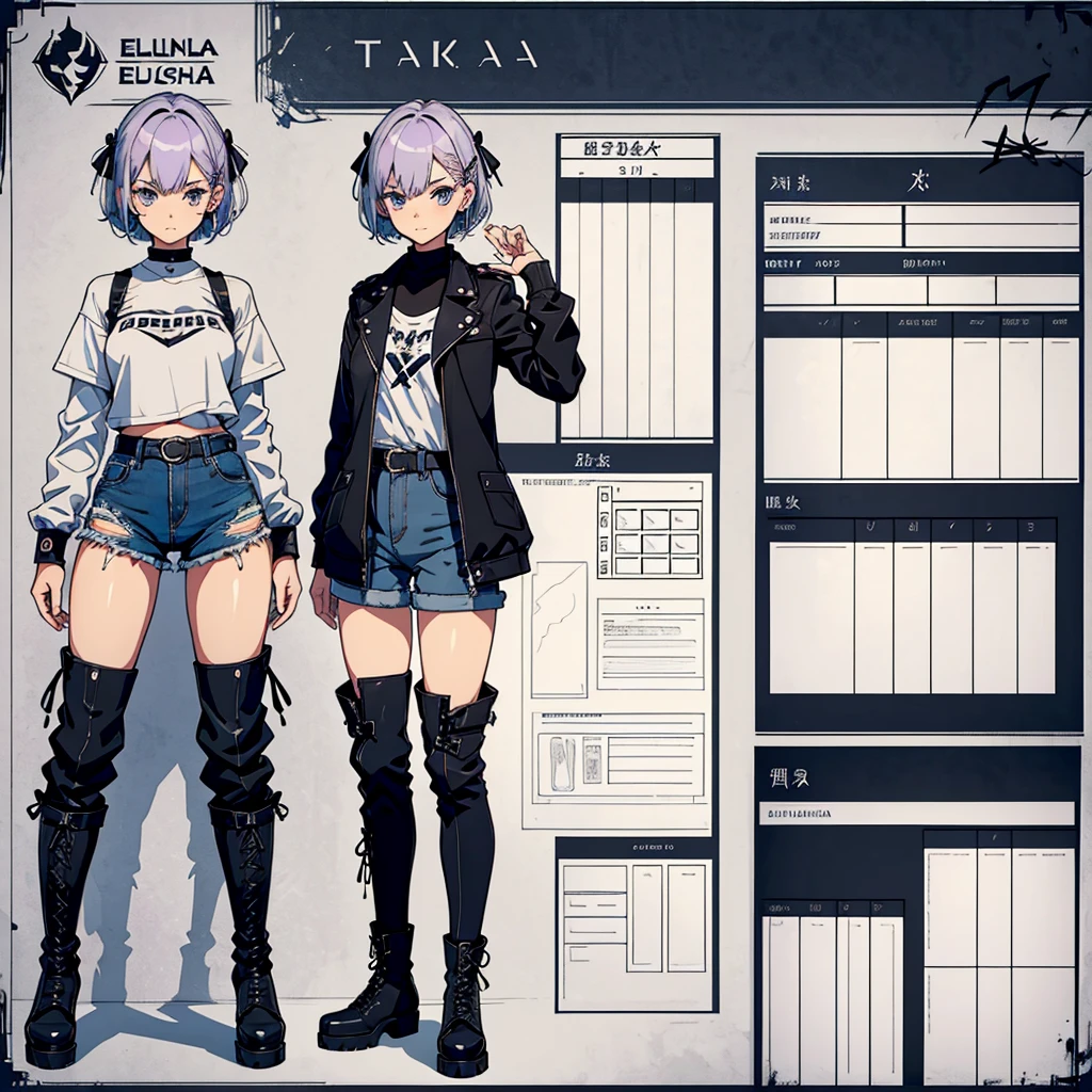 create a character sheet for Eulália Draha, a piscopath with a half-punk, half-cute style, 16 years old, fair skin, short platinum hair and lilac highlights, blue and gray eyes, short-sleeved shirt with the belly showing dark wine, black jacket black leather jacket, teddy bear hair clip, dark denim shorts with a torn teddy bear hanging on the side of the shorts and medium-high boots, (with emphasis on the teddy bear hanging on the shorts' belt)(anime style)(varied positions)(several positions) (full body)(open arms)(body and face side ways)(body and face from the front)(from the head to the boots)character sheet(full body)body and sideways(body and sideways)caracter sheet(full body)(character sheet)(varied positions)(character sheet)varied positions)(character sheet)(full body)character sheet(character sheet) (varied positions)character sheet(varied positions)full body(full body)(body and face sideways)(sideways full body)character sheet(character sheet)(sideways)sideways(character sheet)character sheet