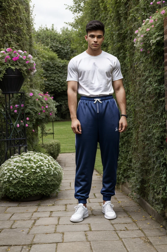 Wonderland, cards of various sizes, coins of various sizes, various types of flowers of various sizes, a young man aged 20, dashing and cool, wearing casual clothes and trousers, sports shoes,