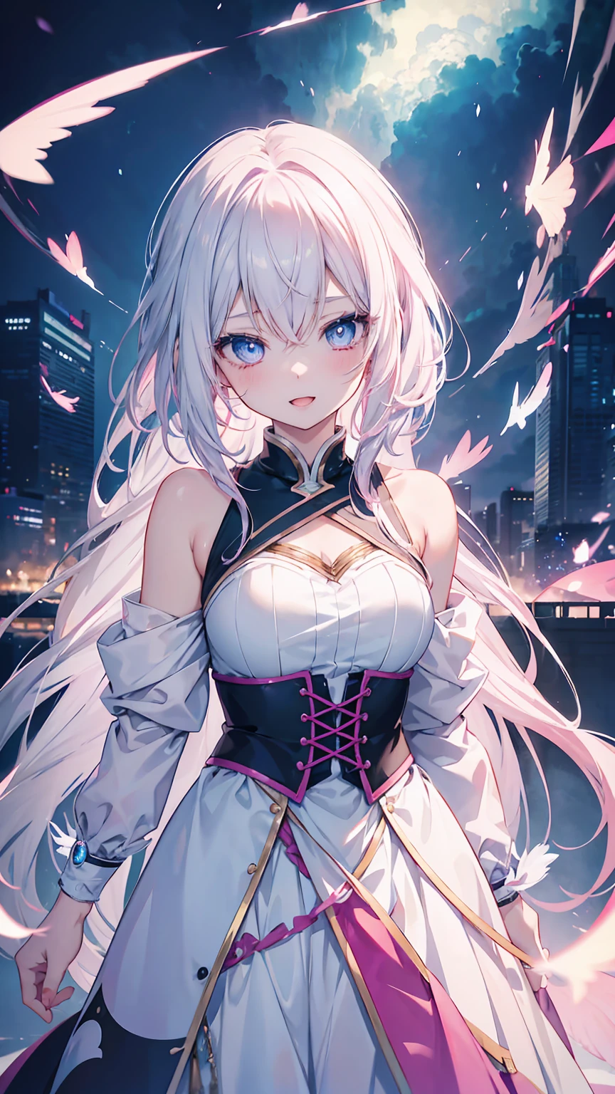 (sharp focus:1.2), masterpiece, ultra detailed, cinematic lightings, volumetric lighting, attractive young woman, (beautiful face:1.1), detailed eyes, luscious lips, (perfect body:1.2), perfect breasts, round breasts, upper body, (wavy hair:1.2), wearing (white suit:1.2), (commader suit:1.2), (mdeal:1.4), (detailed colored necktie:1.3), (open suit:1.2), off shoulder, bare shoulder, perfect shoulder, detailed collarbone, perfect collarbone, bare neck, (light rays:1.2), depth of field, bokeh, 4K, HDR. detailed iris, sparkle eyes, star in eyes, enchanting pink eyes, (multicolored eyes), (shining dust), (pink hair:1.3), (messy hair:1.3), (hair between eyes), (hair over one eye:1.2), (wavy hair:1.1)