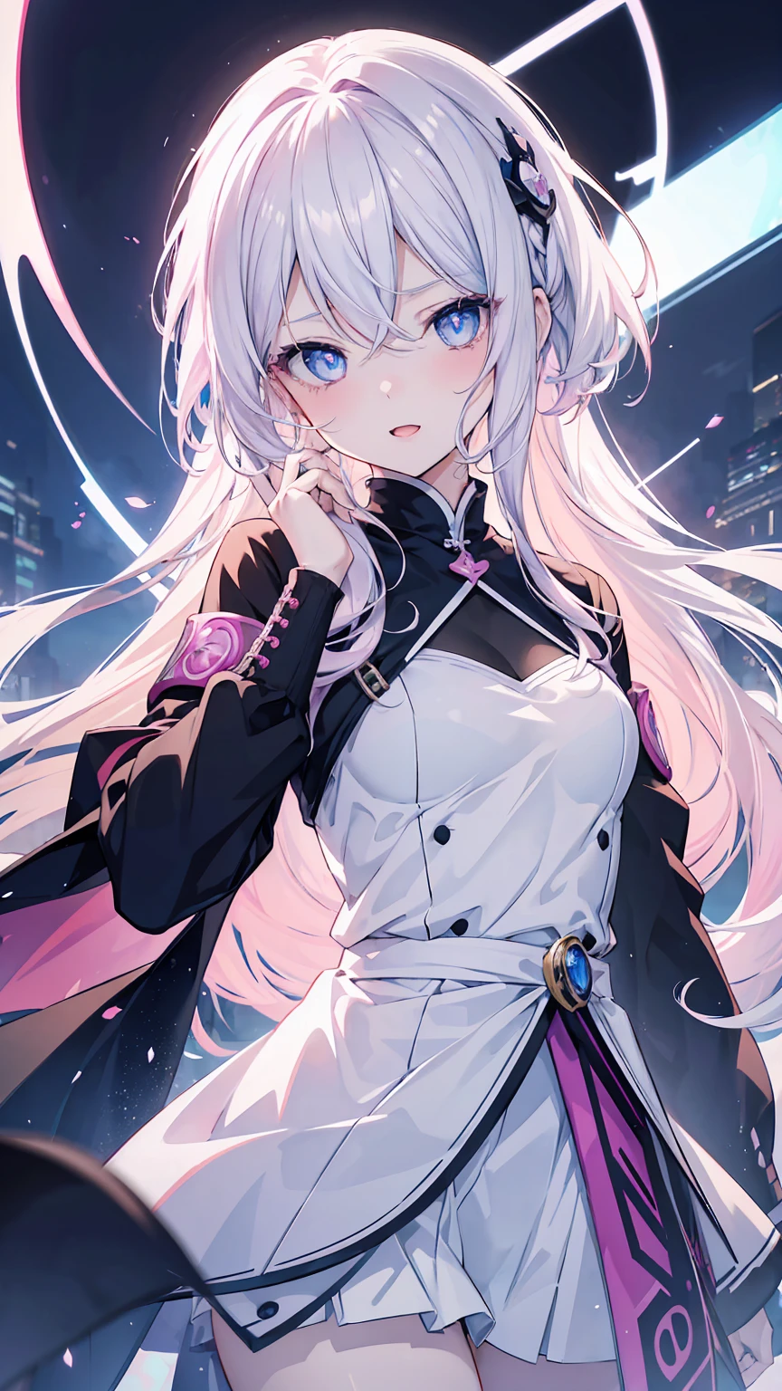 2 anime girl: 1 with blue eyes and white hair and 1 with pink eyes and pink hair, beautiful anime girls, zerochan art, digital art on pixiv, guweiz on pixiv artstation, nightcore, pixiv, anime girls, trending on artstation pixiv, beautiful anime art style, beautiful anime artwork, (ultradetailed eyes), Dramatic, superfine illustration, Extremely detailed, 1girl in,teenager, (pale skin), long white hair, Ethereal eyes, Blue eyes,blush,Solo,Smile, Happy, Laugh, Enjoy, Open mouth, Pouty lips,Cinematic lighting, Looking at Viewer