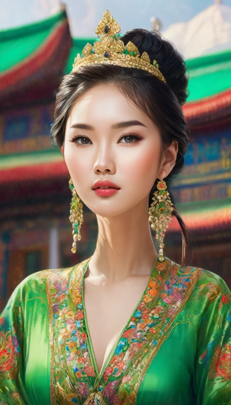 a woman in a green dress standing in front of a building, trending on cg society, fantasy art, detailed face of a asian girl, traditional female hairstyles, portrait painting of a princess, kazakh empress, vivid colours