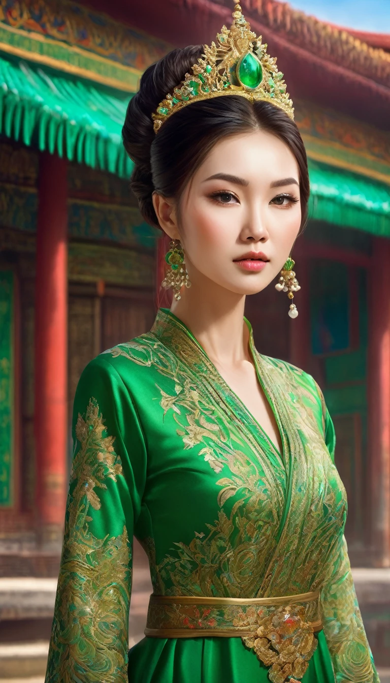 a woman in a green dress standing in front of a building, trending on cg society, fantasy art, detailed face of a asian girl, traditional female hairstyles, portrait painting of a princess, kazakh empress, vivid colours