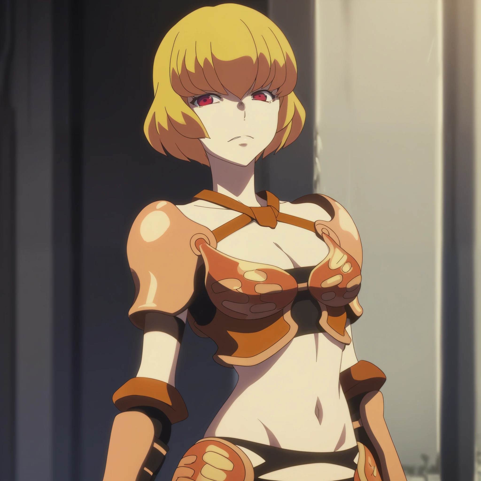 source_anime, (Anime), 1girl, Clementine, red eyes, Blond hair, short hair, solo, medium breasts, (great quality), (highly detailed), (official art), absurdres, high resolution, anime, depth of field, illustration, bikini armor, midriff, pauldrons, gauntlets, low lighting, dark alleyway, detailed background,
