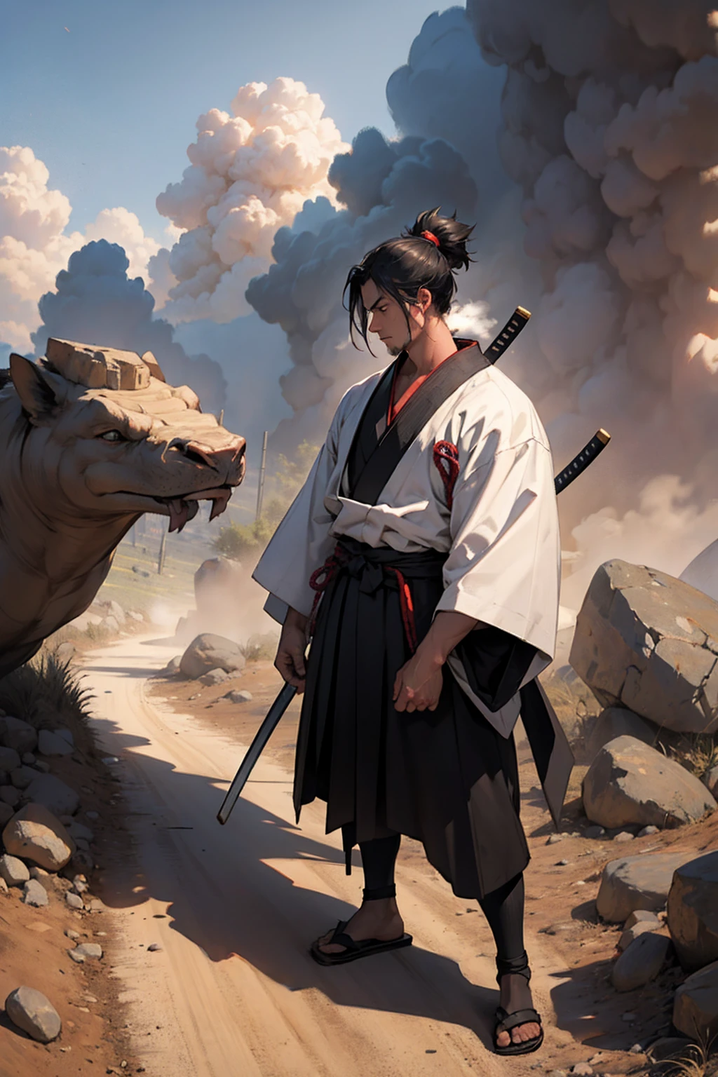 show me a standing samurai surrounded by lots of smoke and dust from all directions