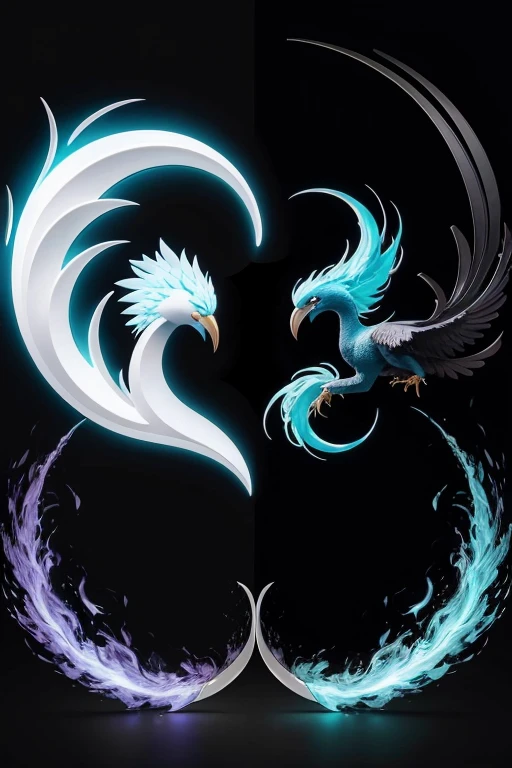 crie uma imagem no formato de ciclone com uma fenex de fogo e um articuno  passaro de neon 