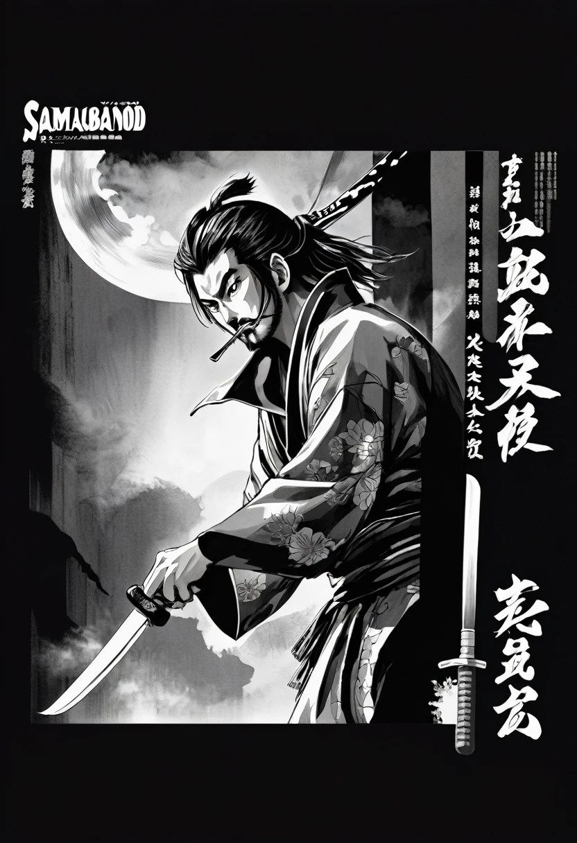 a black and white image of a man with a knife in his hand, samurai man vagabond, vagabond, manga cover art, by Yanagawa Nobusada, manga cover style, shikanosuke yagaki, katsuhiro tomo, magazine cover art, manga cover, inspired by Yoshihiko Wada, manga front cover, by Tetsugoro Yorozu