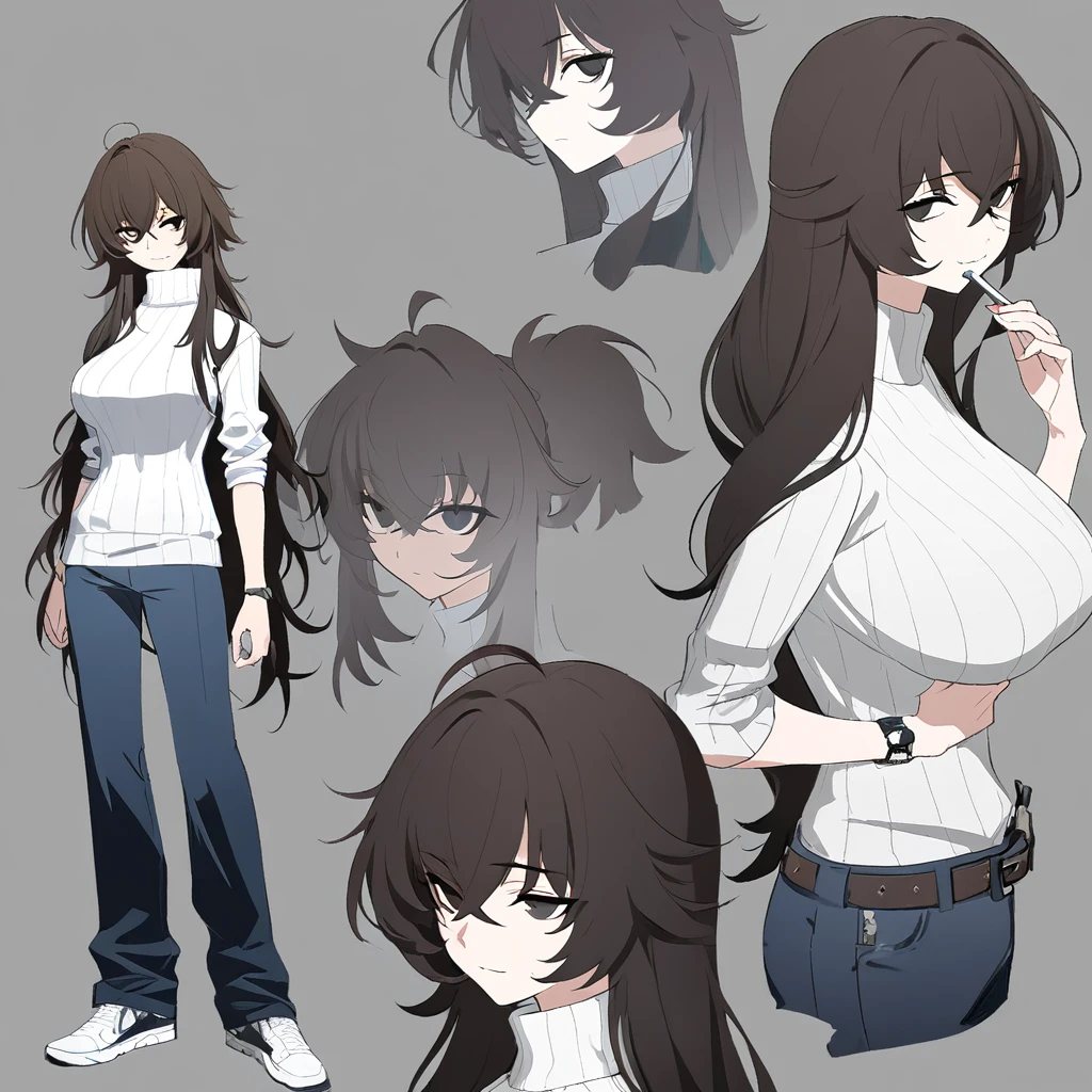 One Woman,Downer,older sister,Concept Art,Dark brown hair,Straight hair with slight inward curls,Staring eyes,Eye Ridge,black eye,Crossed bangs,whole body,smile,Larger breasts,Gray background,Bangs that reach down to the eyes,Messy hair,Perfect dark jeans,White turtleneck sweater,Multiple views of the same character,Character Design,Dark circles under the eyes,Bad look,Listless,Sloppy,accessories,Arknights Wind,Cafe staff,Holding a cigarette,whole bodyCharacter Design,