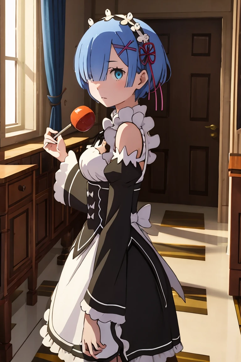 masterpiece,best quality,anime,2d,detailed face, ph_rem, remhd, 1girl, blue hair, solo, blue eyes, x hair ornament, looking at viewer, apron, maid headdress, holding, dress, green dress, standing, from side, maid, long sleeves, indoors, white ?????, medium breasts,
(anime screencap:0.6),