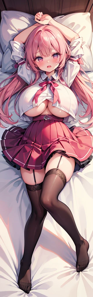 Masterpiece,Best Quality,(Super Detail),perfect writing, Highly detailed CG,Super detailed,(Highly detailed eyes,Very cute face,Highly detailed face:1.3),Beautiful Anime Girl,(Solo Girl),(Super huge boobs:1.4),(super huge breasts:1.4),(Sensual,Glamorous:1.4),(pink,very Long Hair,wave),(Big light purple eyes),nude,lying on the bed,on back,school tight,pink pillow , pleated skirt, zettai ryouiki,high resolution,heart shaped pupils, black stocking,claw pose,lie on bed,liying , full body , toe,full body seen,full-face blush,sexual climax,arms up,Young features,(:1.4),Elementary school girls,Close one eye, With tears in her eyes and her mouth open,open mouth,