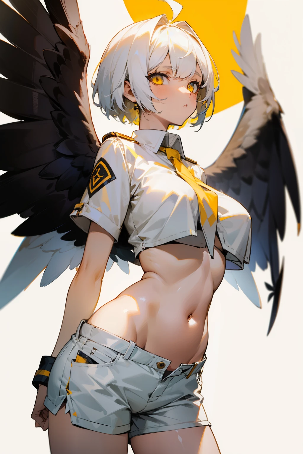 Girl, short white hair, hawk eyes, short white pants, exposed belly, white wings, yellow eyes, big breasts.