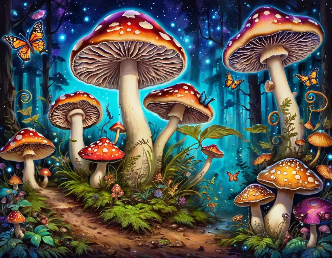 a painting of a mushroom林 with a snail and butterflies, Psychedelic Art, psychedelic mumushroom dream, psychedelic mumushroom, Ultra-detailed colorful art, 迷幻mushroom, mushroom林, magic mumushroom, psychedelics, 迷幻mushroom, mumushroom milky way, Psychedelic Forest, Psychedelic Art, Psychedelic Trip, Whimsical and psychedelic, Psychedelic illustration, mushroom, mushroom城, Detailed Dreams, psychedelic aesthetic