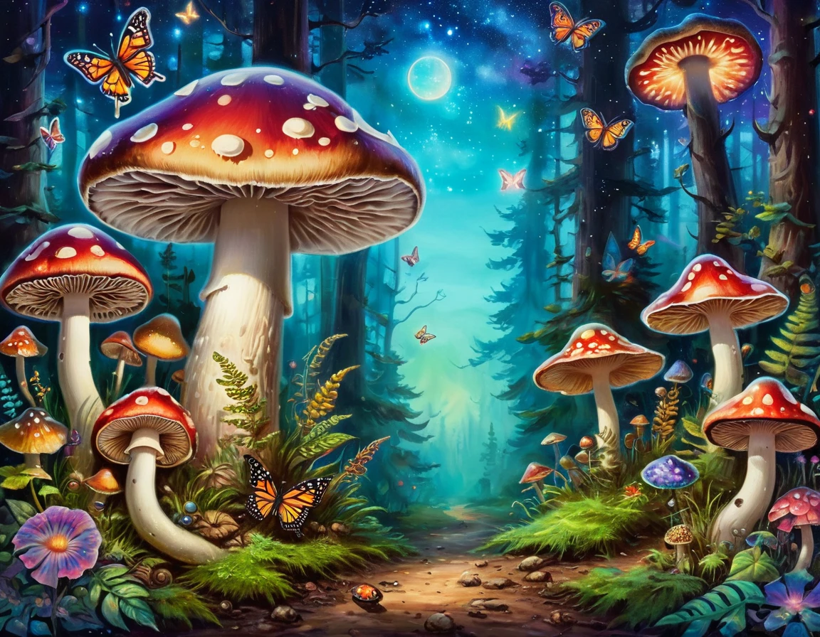 a painting of a mushroom林 with a snail and butterflies, Psychedelic Art, psychedelic mumushroom dream, psychedelic mumushroom, Ultra-detailed colorful art, 迷幻mushroom, mushroom林, magic mumushroom, psychedelics, 迷幻mushroom, mumushroom milky way, Psychedelic Forest, Psychedelic Art, Psychedelic Trip, Whimsical and psychedelic, Psychedelic illustration, mushroom, mushroom城, Detailed Dreams, psychedelic aesthetic