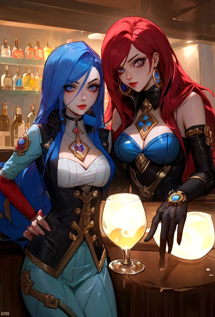 Crie as duas personagens distintas Jinx e Miss Fortune tomando uma cerveja sentadas em cadeiras de bar, both characters with looks from the League of Legends series of games.