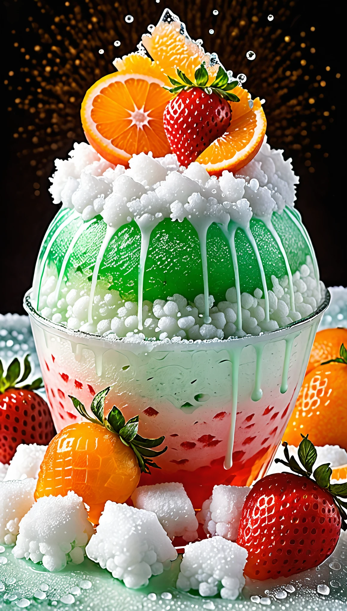 best quality, super fine, 16k, 2.5D, delicate and dynamic, shaved ice, ice processed to look like fluffy powdered snow, ice country, ice kingdom, overflowing with ice, water droplets, strawberry-colored syrup, melon-colored syrup, orange syrup, mint-colored syrup, colorful and fresh clear depiction, vivid and fresh clear effect, fantasy, dreamland