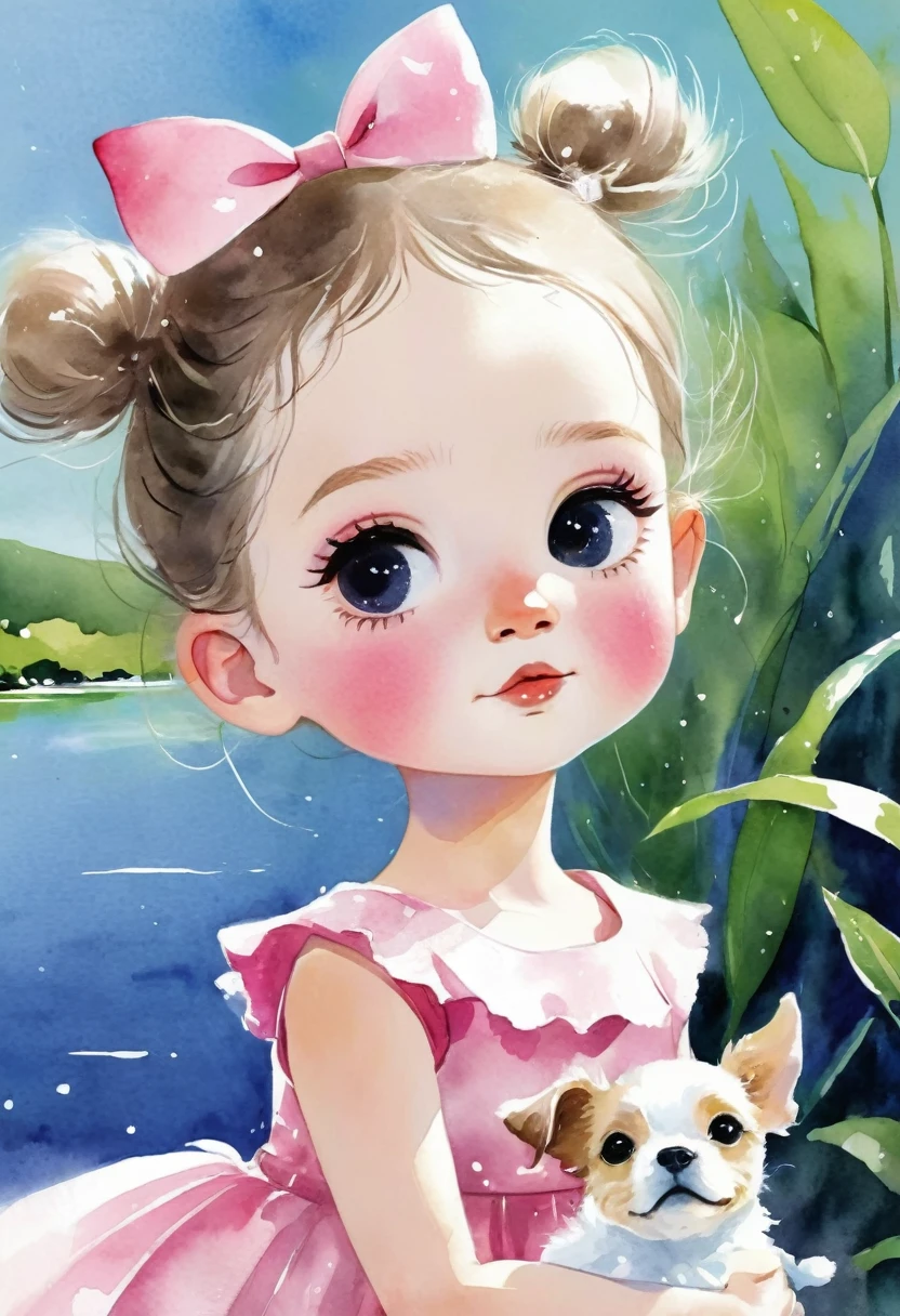 desenho aquarela, rough texture,Hand-drawn style:uma cachorrinha baby branca e amarelo,olhos lindos e meigos,em frente a um lago com patinhos,sentada de vestido rosa camponesa, Art at an art station, Belo estilo de arte