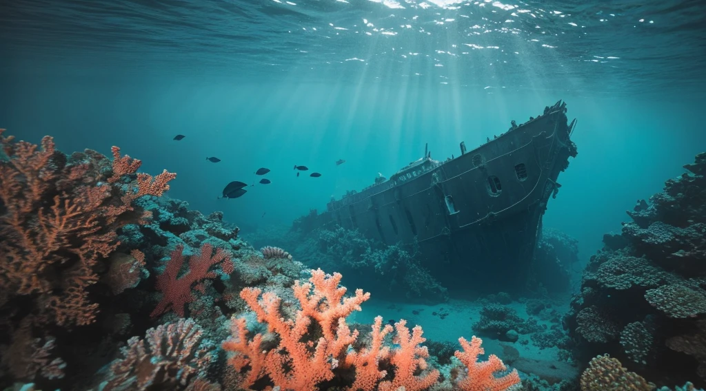 Underwater shot of a sunken ship covered in coral and marine life, eerie and silent Generate Hyper Realistic Full HD Images for Old History: The Bermuda Triangle