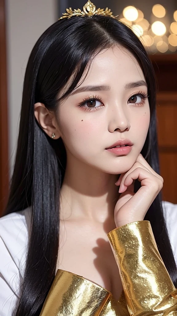 Seorang wanita dengan rambut hitam + mata emas, memiliki 2 mole dibawah matanya, memakai seragam akademi