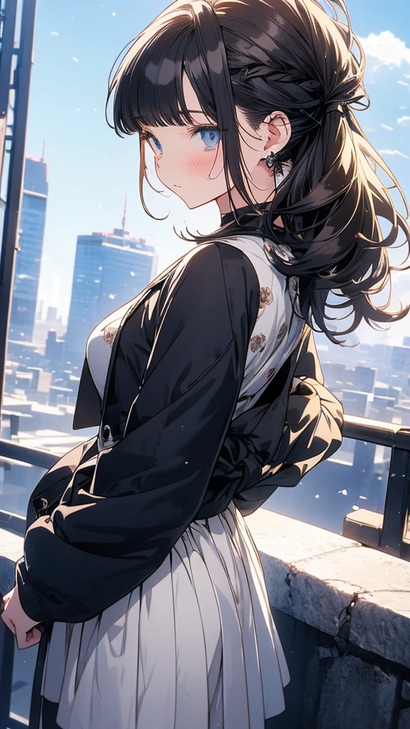 With anime style illustrations age girl Stand with your back to the camera. Surrounded by a city, blue eyes, brown hair tied back, wearing a black suit, good figure.