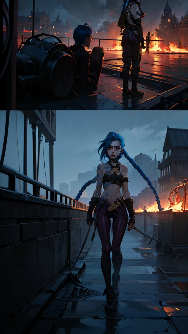 (masterpiece, Best quality), 1 Girl, portrait, very sexy, crazy look, smile, crying, pink tears, tears on the cheeks, tears from eyes, full length (full body 1.1.), очень feminine, fighting stance, battle, fire, explosions, burning city, beautiful waist, gloomy composition, flame, fire, Flash, very beautiful, feminine, long hair, hair braided in long braids, very sexy, tight leather pants, emphasis on the eyes, face accent, Beautiful face, Hands, Hair, Haired ponytail, red purple eyes, Джинкс crying, Blue cloud tattoo, (masterpiece, Best quality), Side lighting, beautiful detailed eyes, crazy face), (Best quality), (masterpiece), magic photography, Spectacular lighting, Photorealism, ultra detailed, интимная portraitная композиция, 1. 4,8K UHD, aesthetic, Cd., a high resolution, 8K, better lighting, Best shade, Ultra-HD, a high resolution, sharp focus, complex background, cinematic lighting, ((Landscape view)), 4K block, (better lighting), ((cinematic lighting)),