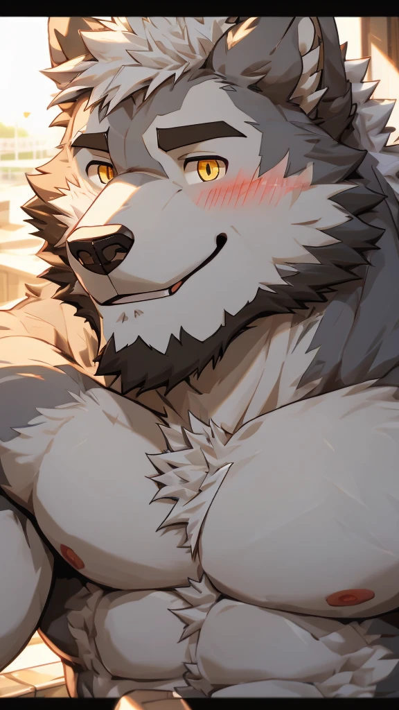 (masterpiece),(Very detailed),(best quality),hairy,Wolf,gray fur,white hair,golden pupils,muscular,Smile(Blushing 1.1),Topless,Selfie of two boys,8k,(Face close-up 1.5),((high quality))