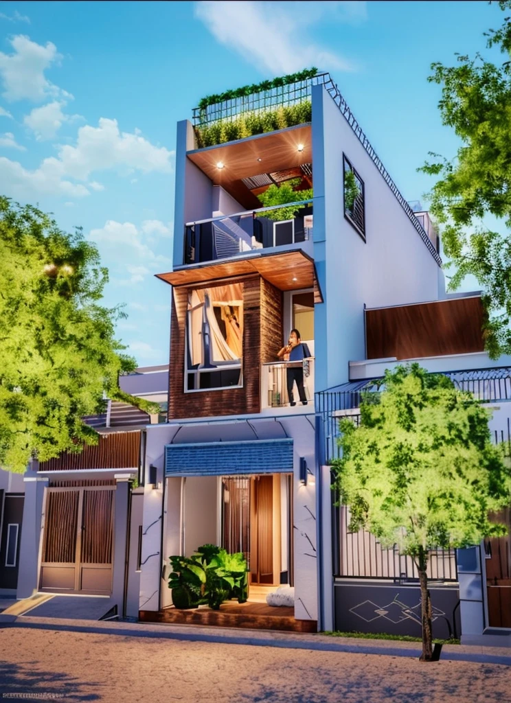 (Townhouse in city ,close houses and trees), daylight ( best quality) ((high solution)) ,(( photo realistic)) ,warm light, (sharp focont view of townhouse in style of modern,small house, Narrow area,VietNam,facade, curved arch,beautiful facade,curved windown,narrow and long ,two-storey,mutual colours, soft lighting, warm atmosphere,high Resolution, hyper detailed,4k ,vray render, octane render, hyper realistic, photography expert ,exterior design , professional photography, exterior photography,wide-angle shot , ultra detail , high Resolution , full frame, full body