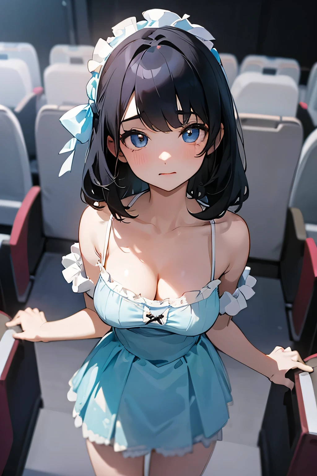 10Teenager Black Hair Girl、White camisole、Pale blue frilly mini skirt、high resolution、Beautiful face in every detail、Looking from above、Inside the movie theater、Beautiful cleavage、Look at me with a sweet face、high quality、Holding her chest with both hands、High resolution、
