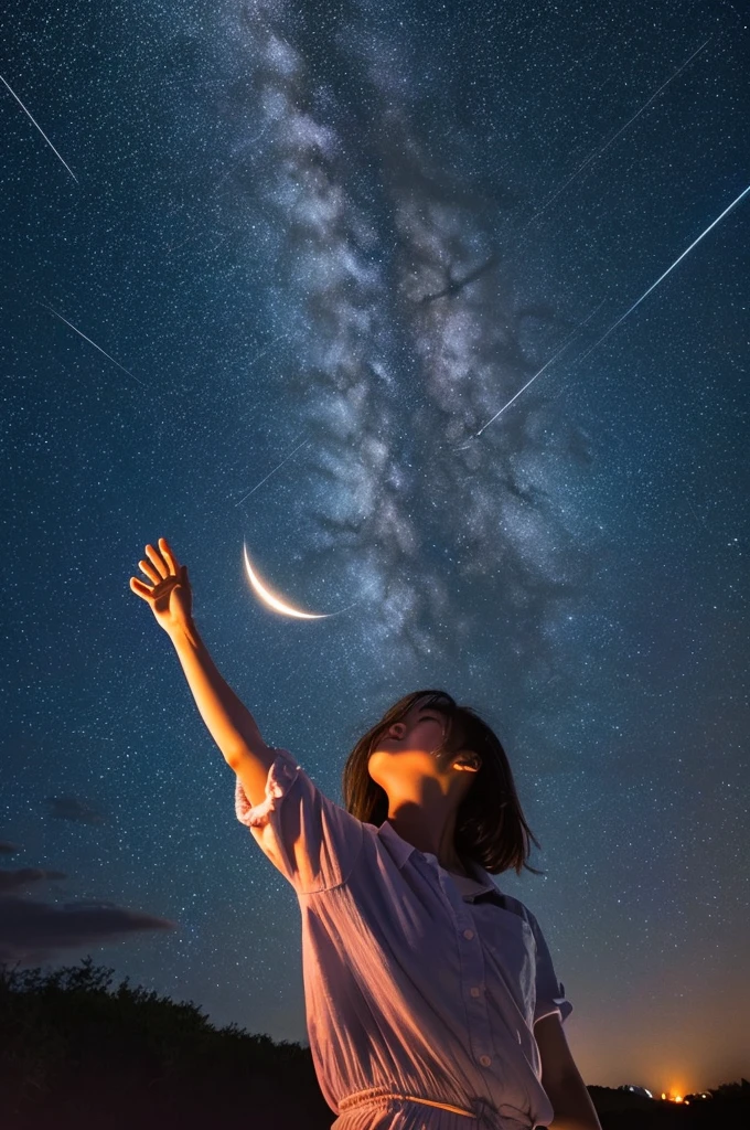 A starry sky,Meteors,8k,Beautiful night sky,Girl looking up at the sky、Super sexy and super cute Japan girl、(((A girl reaching out towards the night sky to grab the moon)))