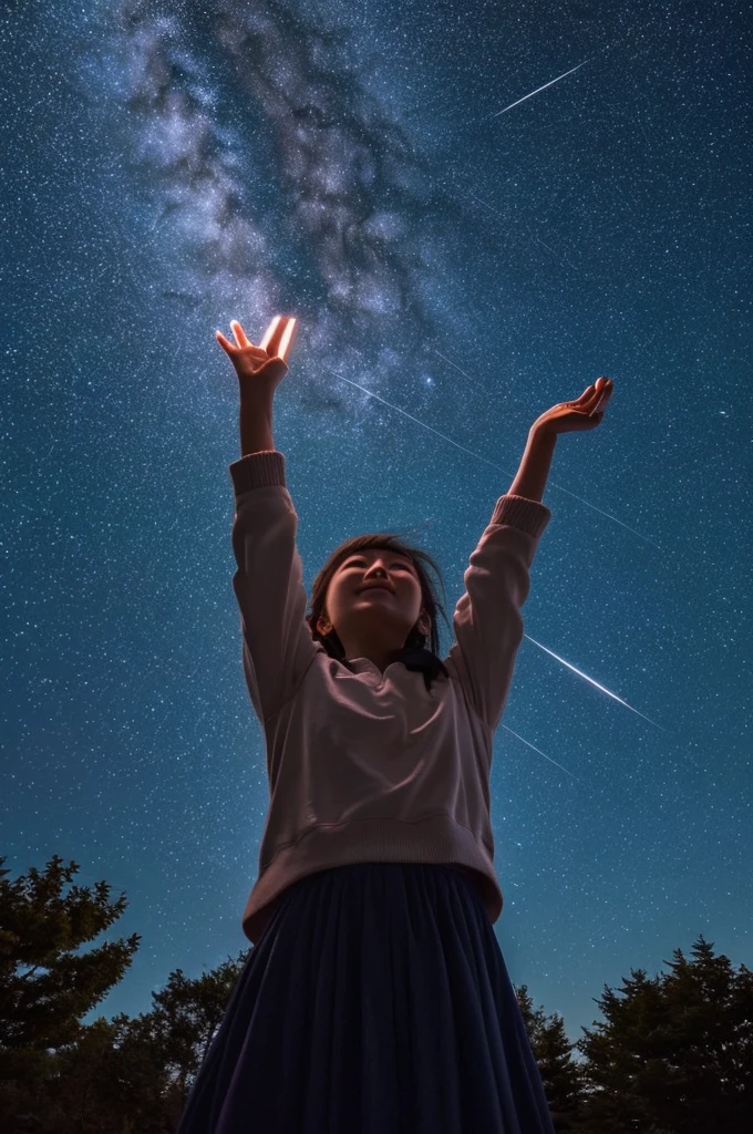 A starry sky,Meteors,8k,Beautiful night sky,Girl looking up at the sky、Super sexy and super cute Japan girl、(((A girl reaching out towards the night sky to grab the moon)))