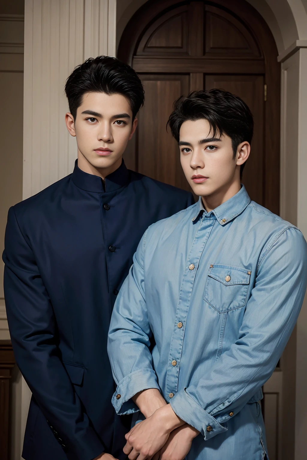 ((masterpiece)),((best quality)),8K,High Detail,Very detailed, Very manly，2 men, like，fashion pose, Real skin texture, Light,
Royal blue style couple