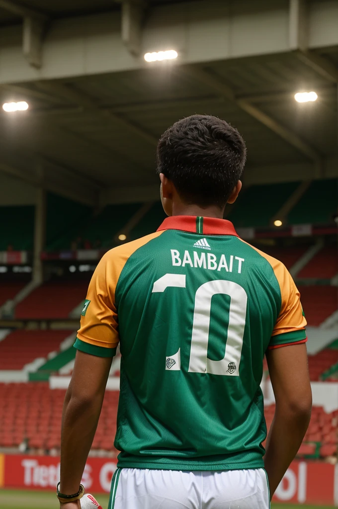 A boy,age 18, wearing a Bangladesh Jersey, back side, Jersey number 17,Name Sabbir, standing in stadiam Gallery, watching cricket games