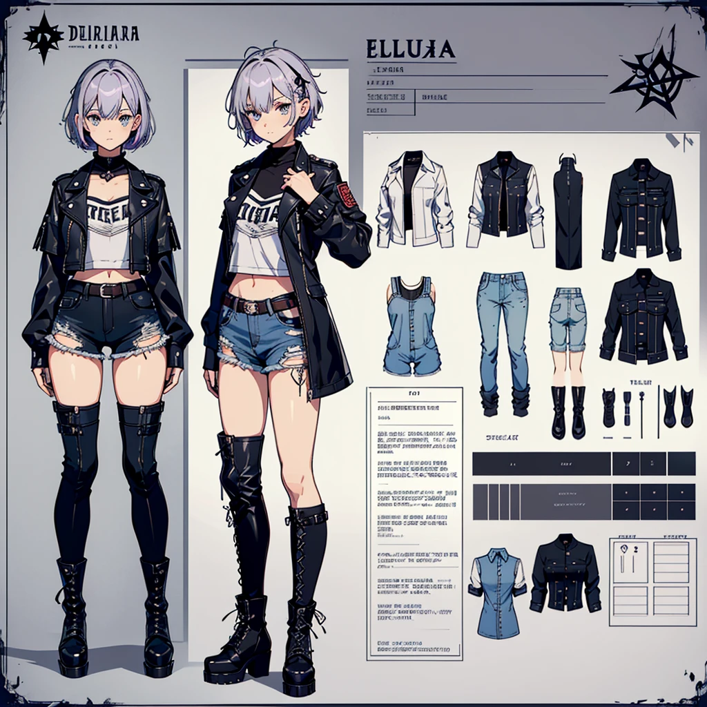 create a character sheet for Eulália Draha, a piscopath with a half-punk, half-cute style, 16 years old, fair skin, short platinum hair and lilac highlights, blue and gray eyes, short-sleeved shirt with the belly showing dark wine, black jacket black leather jacket, teddy bear hair clip, dark denim shorts with a torn teddy bear hanging on the side of the shorts and medium-high boots, (with emphasis on the teddy bear hanging on the shorts' belt)(anime style)(varied positions)(several positions) (full body)(open arms)(body and face side ways)(body and face from the front)(from the head to the boots)character sheet(full body)body and sideways(body and sideways)caracter sheet(full body)(character sheet)(varied positions)(character sheet)varied positions)(character sheet)(full body)character sheet(character sheet) (varied positions)character sheet(varied positions)full body(full body)(body and face sideways)(sideways full body)character sheet(character sheet)(sideways)sideways(character sheet)character sheet(front and sideway)character sheet(character sheet)(front and sideway)character sheet(character sheet)