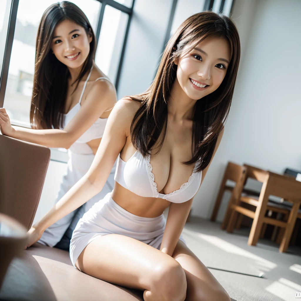 One girl, waitress,  (Masterpiece), (Realistic), (Ultra fine), (beautiful),  White Wall, Smile, (highest quality, 128k,masterpiece), とてもbeautiful面長顔, Japanese Model, Ultra HD, (Photorealistic:1.1), Big breasts, big eyes, Black brown hair, seat, seat全身, Smile, Full body photo, Professional Lighting, White background, 