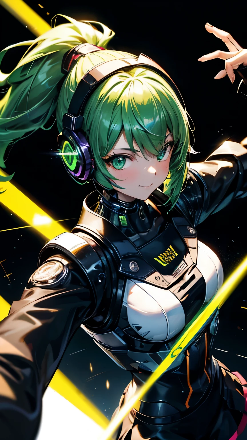DJ,ponytail,1 person,club house,Turntable,Mirror ball,smile,headphone,Raise one arm,high school girl,Green Hair,No sleeve,Black Pantyhose,front,Near future,highest quality,High resolution,Close-up,cyber punk,Mechanical Girl,laser,Wink
