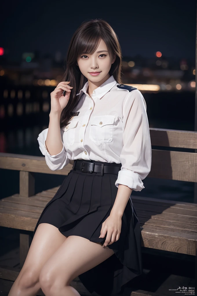 An innocent 20-year-old girl、((Japanese Police Officer, Sexy police uniform, skirt, Cute and elegant, Dramatic Pose)),smile,Night city background,shortcut、RAW Photos, (8k、highest quality、masterpiece:1.2)、(Intricate details:1.4)、(Photorealistic:1.4)、Octane Rendering、Complex 3D rendering with ultra-detail, Studio Soft Light, Rim Light, Vivid details, Super Detail, Realistic skin texture, Detailed aspect, Beautiful details in the eyes, Highly detailed CG Unity 16k wallpaper, compensate, (Detailed Background:1.2), Glowing Skin, whole body,Put your hands down、Spread your legs and show me your panties,Sit on a bench
