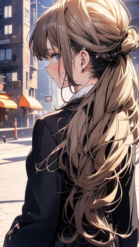 With anime style illustrations The back of a teenage girl The surrounding area is a city, blue eyes, brown hair tied back, wearing a black suit, good figure.