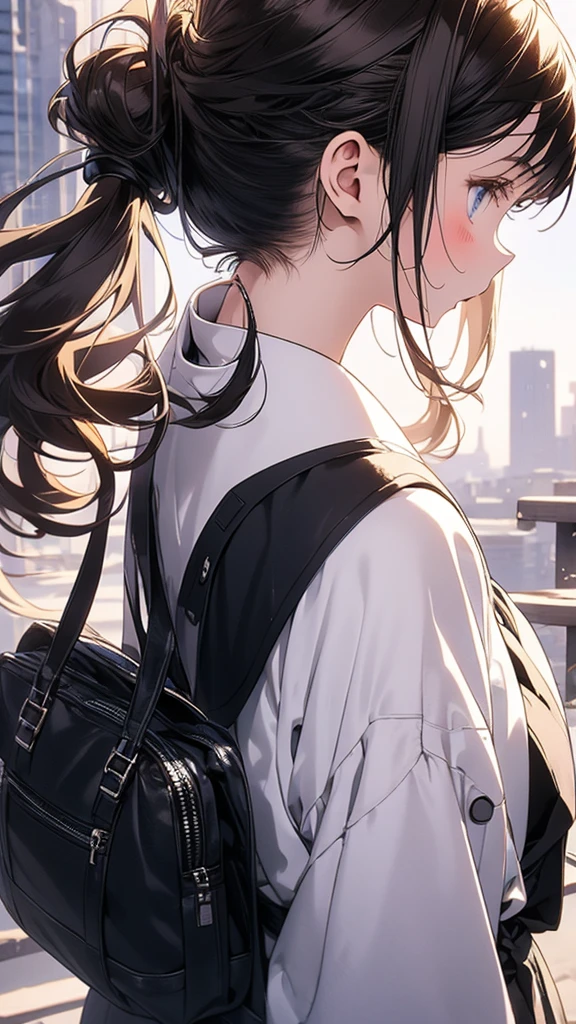 With anime style illustrations The back of a girl The surrounding area is a city, blue eyes, brown hair tied back, wearing a black suit, good figure.