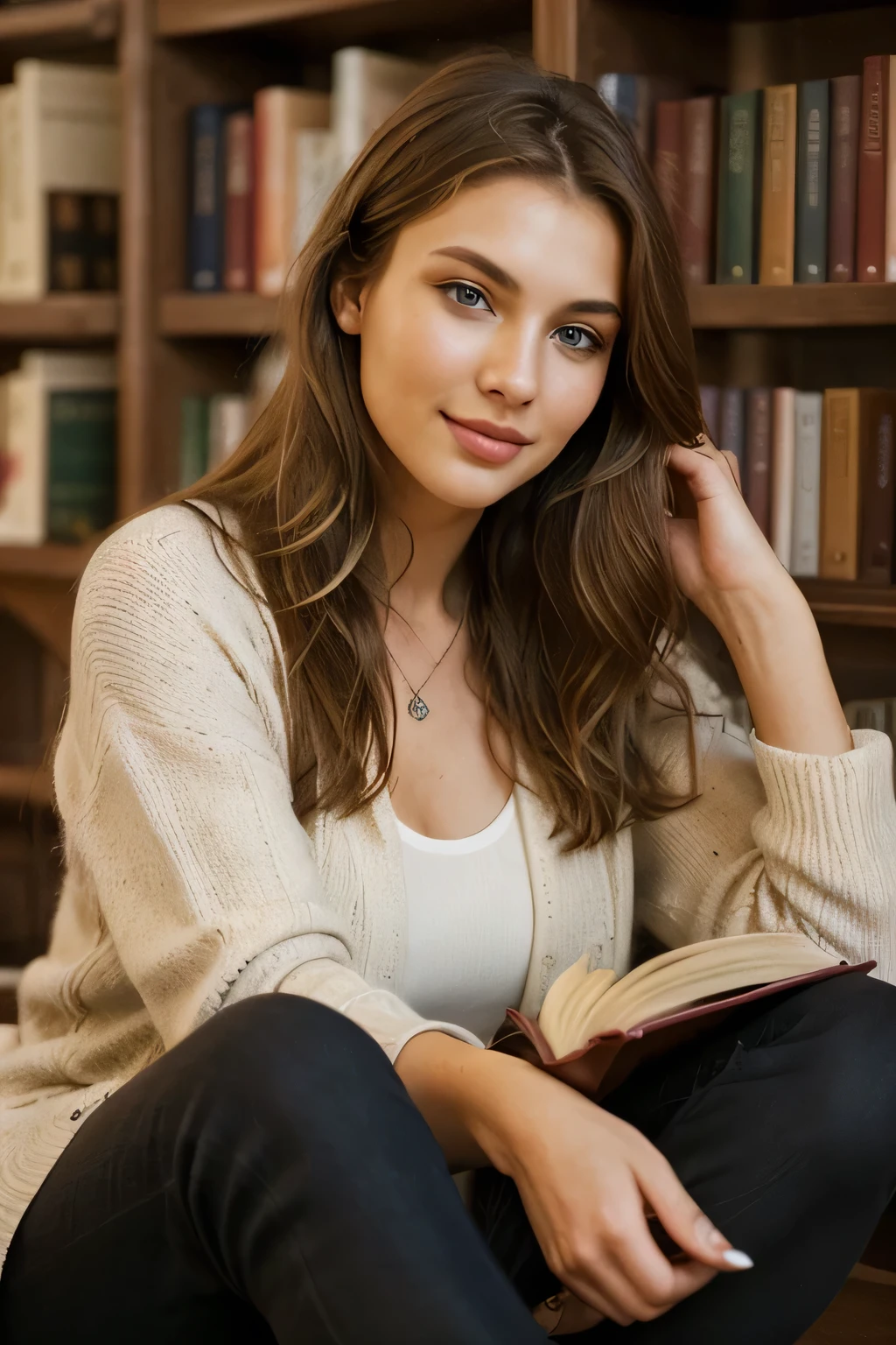 woman, a striking 22-year-old American model with light brown hair , wavy hair, 172 height, full body photo, mix face veronika bielik, danusia draghici face, cute faces, girlfriend, blonde and attractive features, attractive girl Capture her in a cozy bookstore or library, surrounded by stacks of books and literary treasures., indulging in her love for reading and sharing her favorite books with her followers. reading lord of the ring, the book is lord of the ring