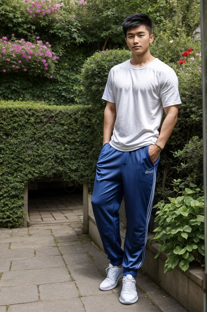 Wonderland, cards of various sizes, coins of various sizes, various types of flowers of various sizes, a young man aged 20, asian man, dashing and cool, wearing casual clothes and trousers, sports shoes,