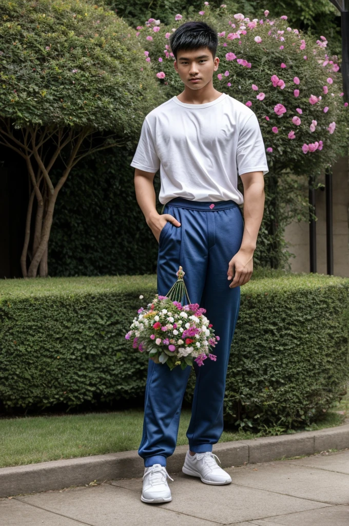 Wonderland, cards of various sizes, coins of various sizes, various types of flowers of various sizes, a young man aged 20, asian man, dashing and cool, wearing casual clothes and trousers, sports shoes,