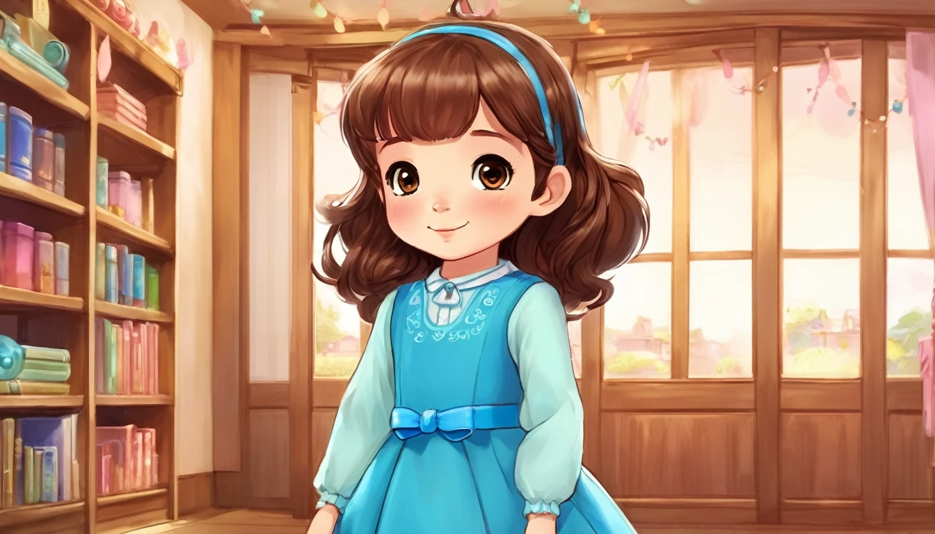 a  girl with brown hair, brown eyes, blue long-sleeved dress,