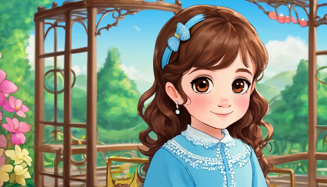 a small girl with brown hair, brown eyes, blue long-sleeved dress,