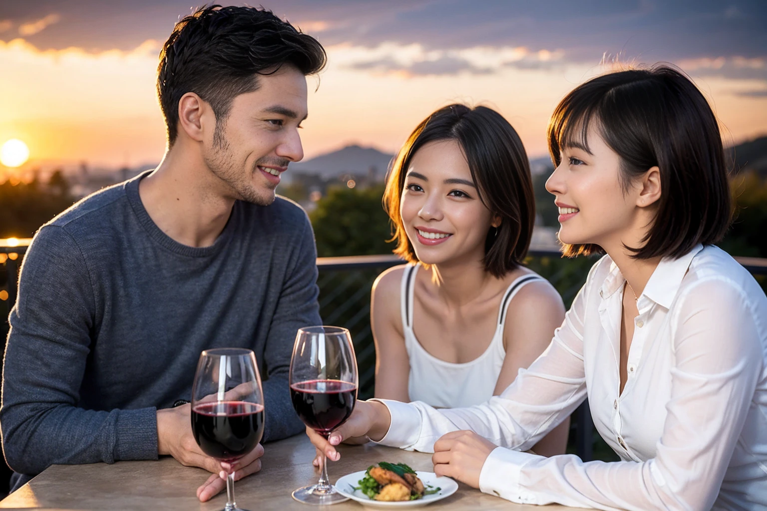((highest quality、8k、masterpiece:1.3))、 (Real, Genuine、Face carefully、Bright image、Intricate details:1.2), 最高のsmile、1 male, 1 female、Beautiful couple、Lovers、Japanese couple、A gentle lover、actress、model、smile、full-course dinner、 (Slim face), (the body is slim), (Brown Hair), (short hair), テーブルの上のwine glass、Please put light on my face、 Amazing view of the sunset sky and clouds、 (42 years old), 39 years old, red wine 、Wine bottle、sparkling wine、Long sleeve shirt、dress、White wine, red wine, wine glass,