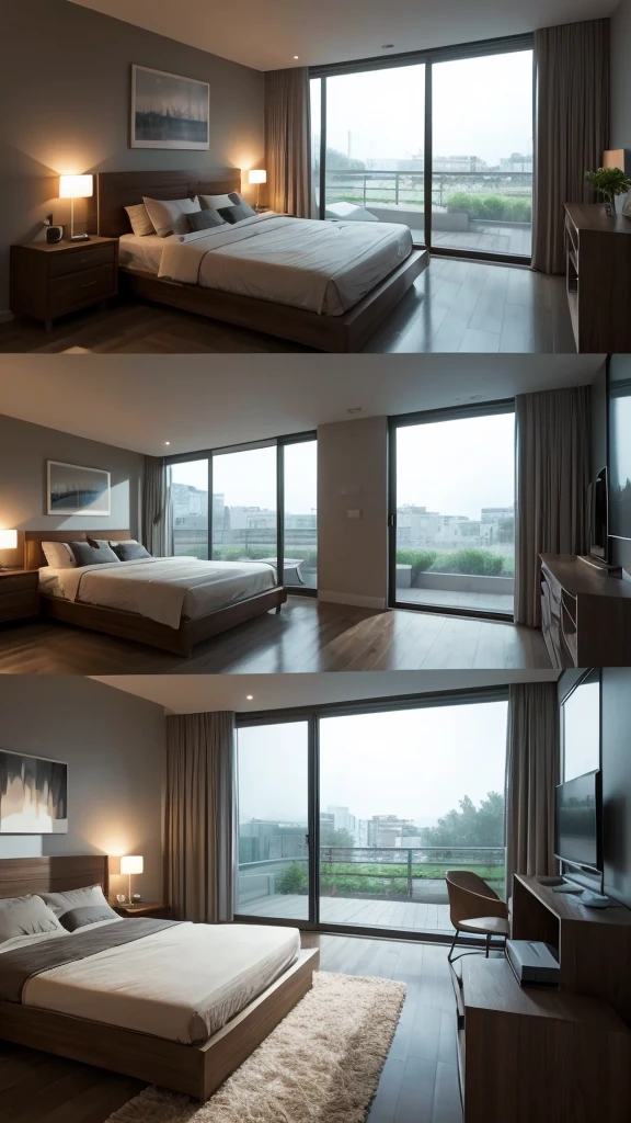 This is a perspective drawing of the interior of the building.,The place is a bedroom,Natural modern taste,A slightly darker atmosphere with indirect lighting,The night view is beautiful from the window.,Newly Married