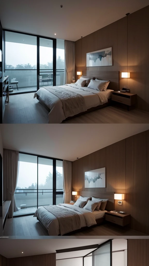 This is a perspective drawing of the interior of the building.,The place is a bedroom,Natural modern taste,A slightly darker atmosphere with indirect lighting,The night view is beautiful from the window.,Newly Married