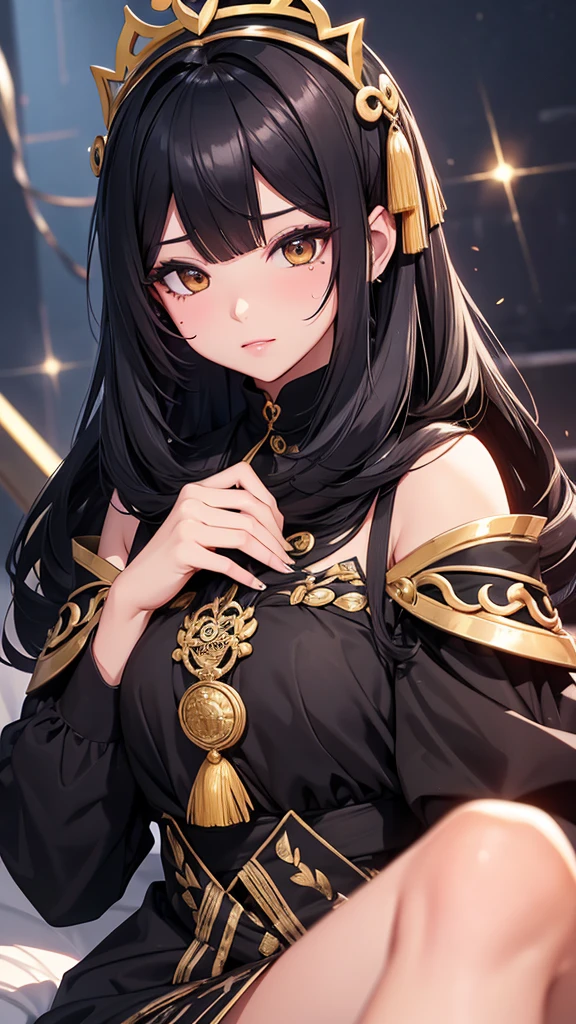 high resolution, best quality, illustration, realistic, (extremely detailed face and eyes), (1girl, 18 years old), upper body
Break
beautiful face, cute face, beautiful red eyes,  pure white skin, wavy black medium hair, blunt bangs, long eyelashes, (((small breasts))), slender
Break
(black_and_gold_military_uniform), black_ Cape, black_ thigh_skirt, thigh_boots