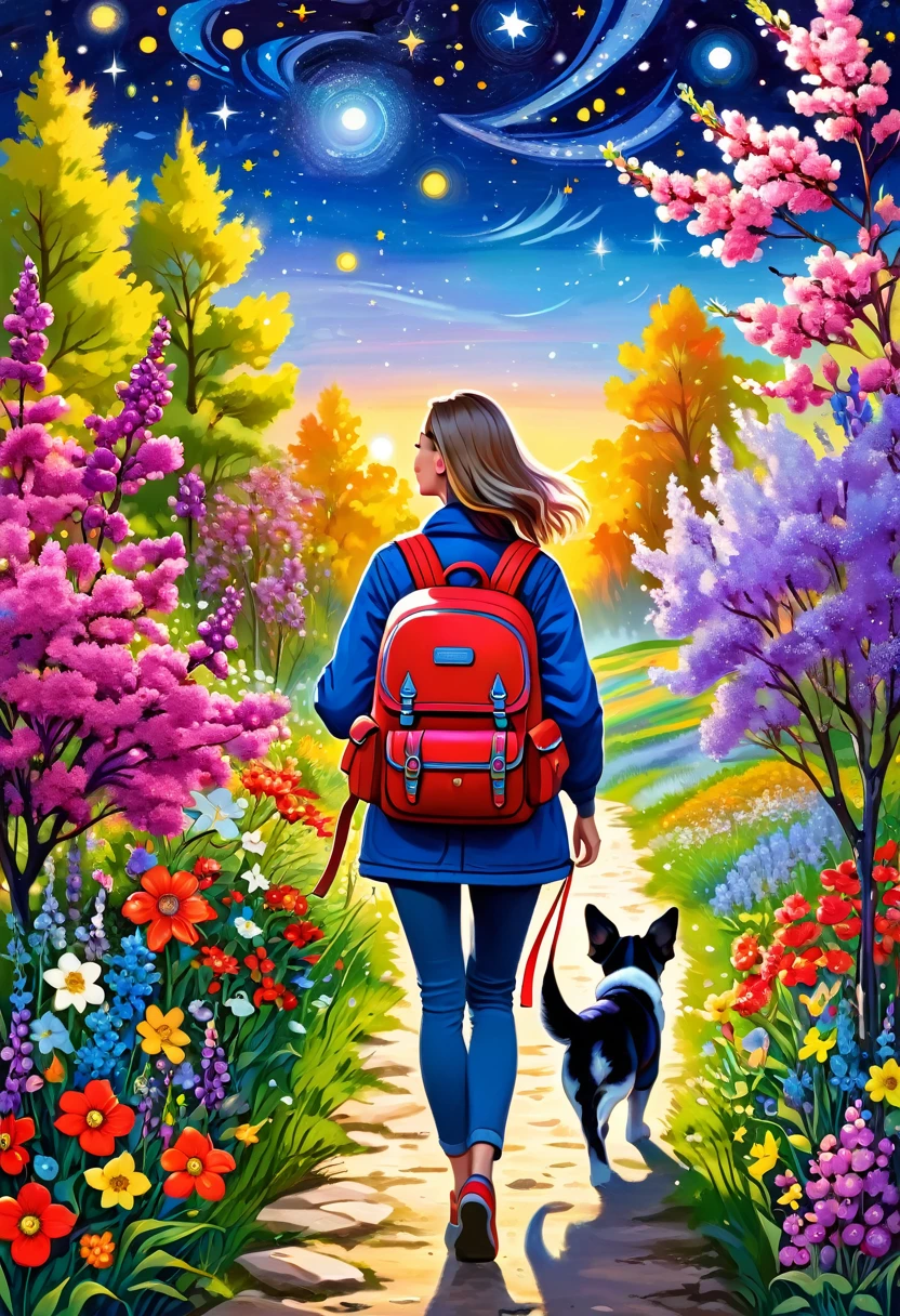 ((view from the back)): A very charming young woman with a backpack and a cute puppy enjoys a beautiful spring walk surrounded by beautiful flowers and nature, Russian khohloma, dream under the summer starry sky, Russian paraphernalia, from the shoulder, Very colorful, Best Improvisation,  ((Paula-Scher style!)), ((perfect full body detail)), magic naive art, primitivism, protogen, crimson/liliac, ((best quality, Masterpiece)), ((Highest detail)), RAW:1,1, 8k